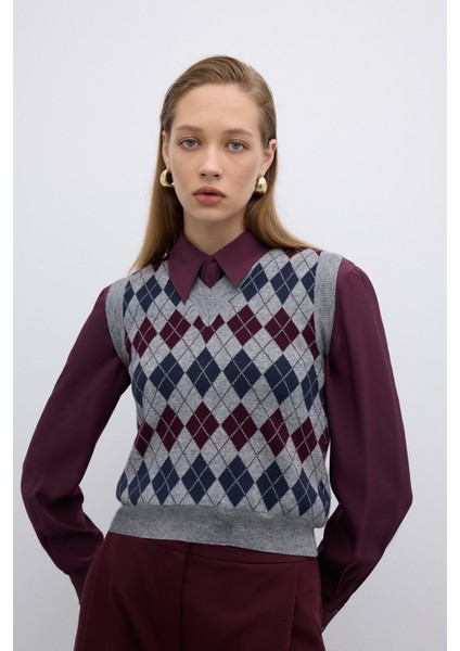 V Yaka Baklava Desenli Triko Süveter Standart Renk K2671020_089