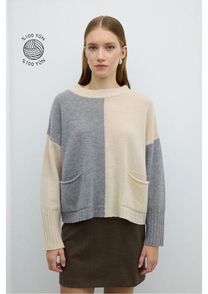 %100 Yün Çift Cepli Triko Gri-Ekru K2671026_661
