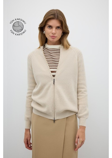 Fermuarlı Triko Hırka Bej K2671036_024