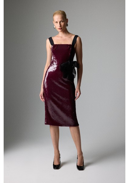 Çiçek Aplikeli Payetli Midi Boy Elbise Vişne K2611509_115