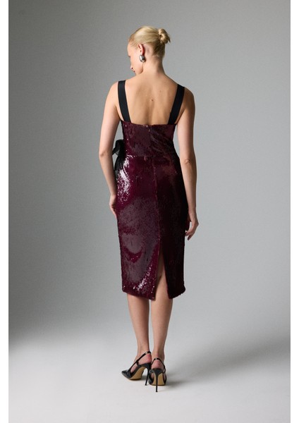 Çiçek Aplikeli Payetli Midi Boy Elbise Vişne K2611509_115 fiyatları