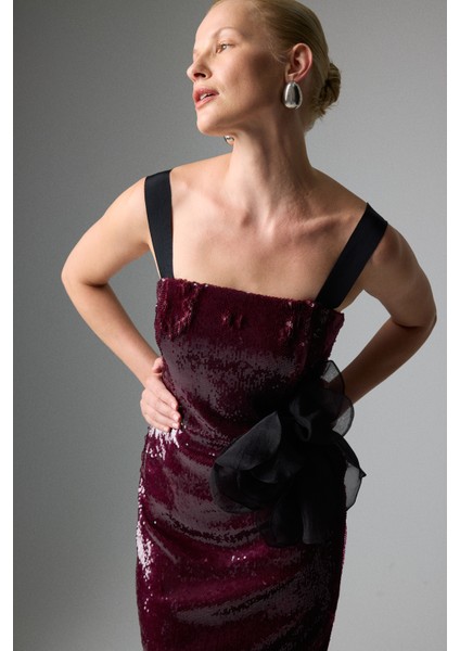 Çiçek Aplikeli Payetli Midi Boy Elbise Vişne K2611509_115 modelleri