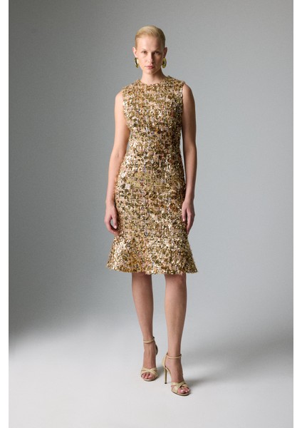 Bisiklet Yaka Midi Boy Payet Elbise Gold K2611510_076