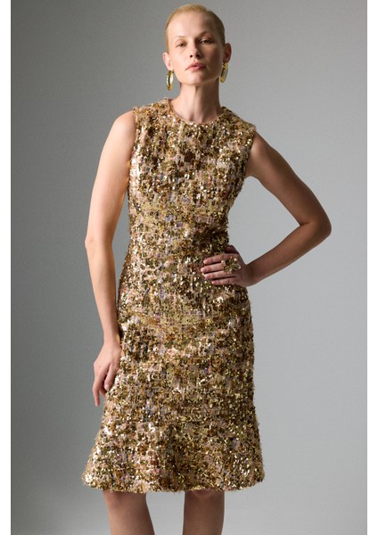 Bisiklet Yaka Midi Boy Payet Elbise Gold K2611510_076 modelleri