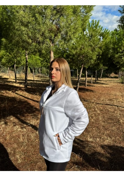 Kadın Önü Fermuarlı Cepli Kışlık Beyaz Polar CEKET fırsatları