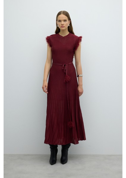 Sırt Dekolteli Beli Bağlama Detaylı Triko Elbise Bordo K2672001_008