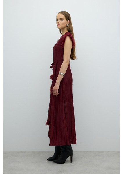 Sırt Dekolteli Beli Bağlama Detaylı Triko Elbise Bordo K2672001_008 modelleri