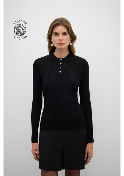 %100 Yün Düğme Detaylı Triko Siyah K2671031_001