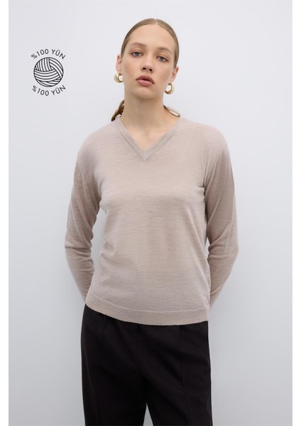 %100 Yün V Yaka Triko Bej K2671035_024