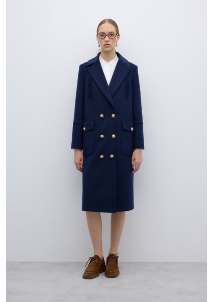 %100 Yün Gold Düğmeli Kruvaze Kaban Lacivert K2619002_015