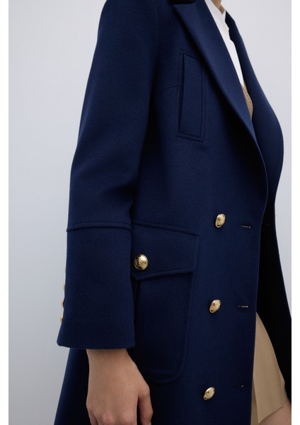 %100 Yün Gold Düğmeli Kruvaze Kaban Lacivert K2619002_015 fırsatları