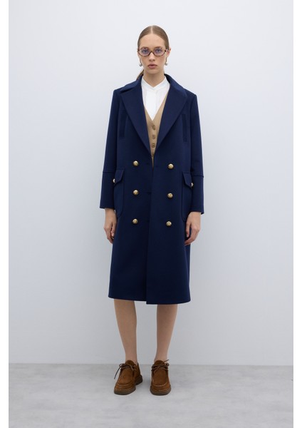 %100 Yün Gold Düğmeli Kruvaze Kaban Lacivert K2619002_015 indirimleri