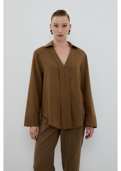 %100 Yün V Yaka Pili Detaylı Gömlek Kahve K2613536_005