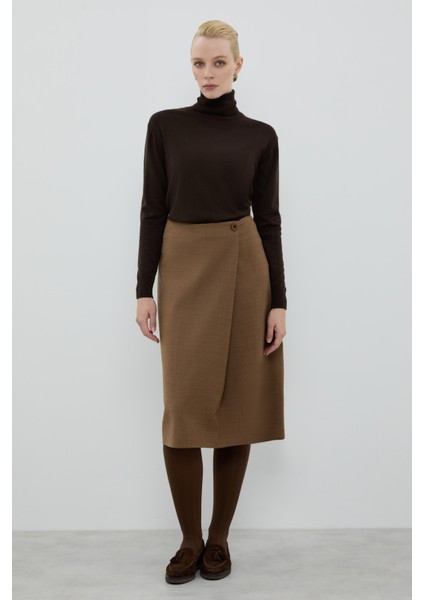 Yün Karışımlı Pili Detaylı Midi Boy Etek Kahve K2615038_005