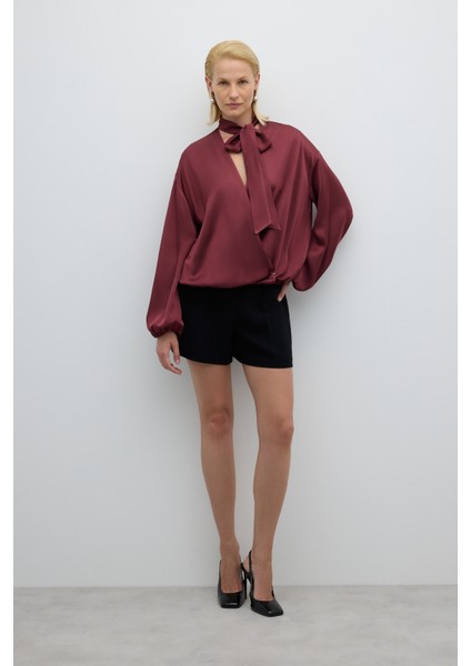 Fular Bağlamalı Kruvaze Saten Bluz Bordo K2652005_008 modelleri