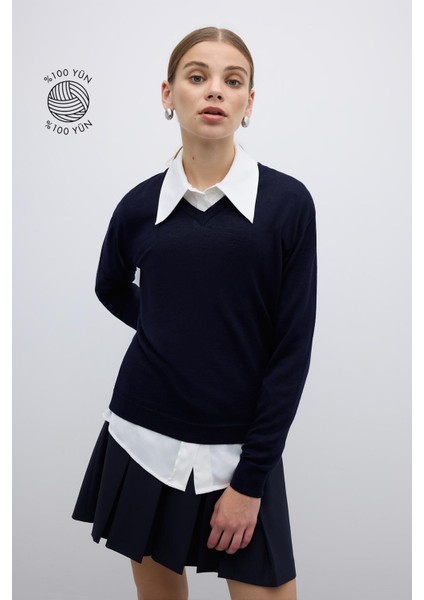 %100 Yün V Yaka Triko Lacivert K2671035_015
