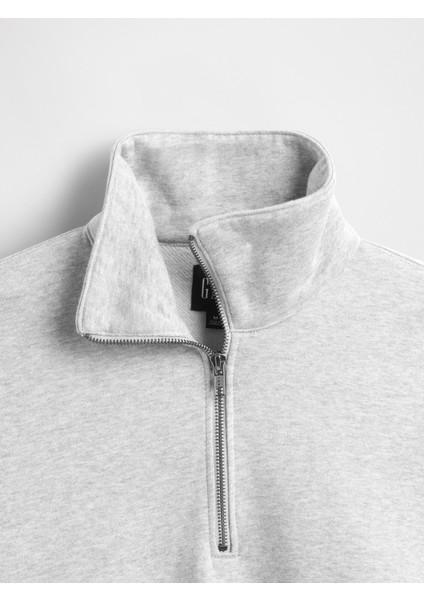 Erkek Gri Heavyweight Oversized Yarım Fermuarlı Polo Sweatshirt modelleri