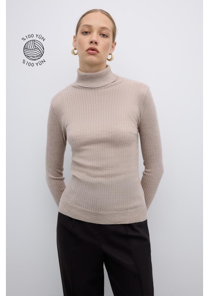 %100 Yün Balıkçı Yaka Triko Bej K2671032_024