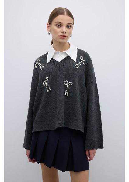 V Yaka İnci Detaylı Triko Antrasit K2671009_046