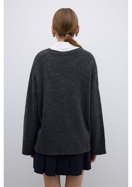 V Yaka İnci Detaylı Triko Antrasit K2671009_046 fiyatları