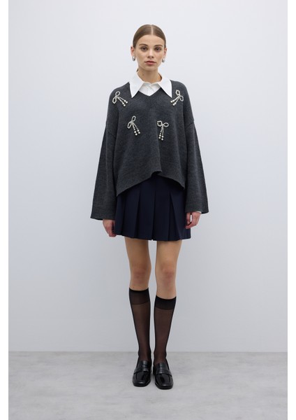 V Yaka İnci Detaylı Triko Antrasit K2671009_046 modelleri