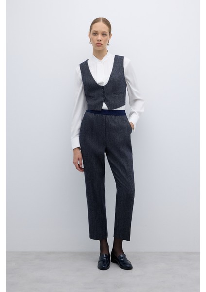 Yün Karışımlı Beli Lastikli Düz Paça Pantolon Lacivert K2612041_015
