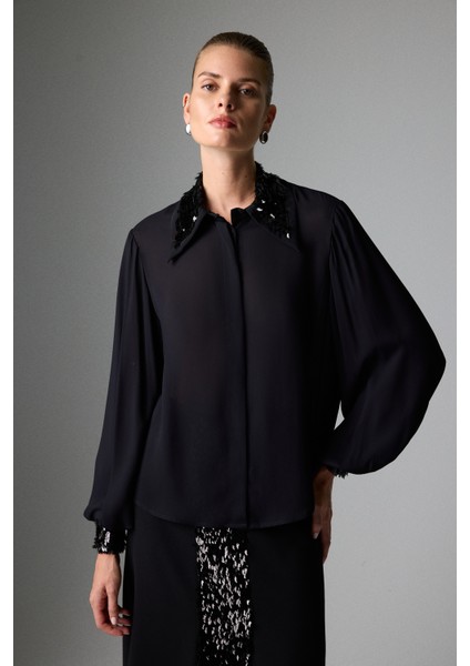 Payet Detaylı Balon Kol Gömlek Siyah K2613505_001