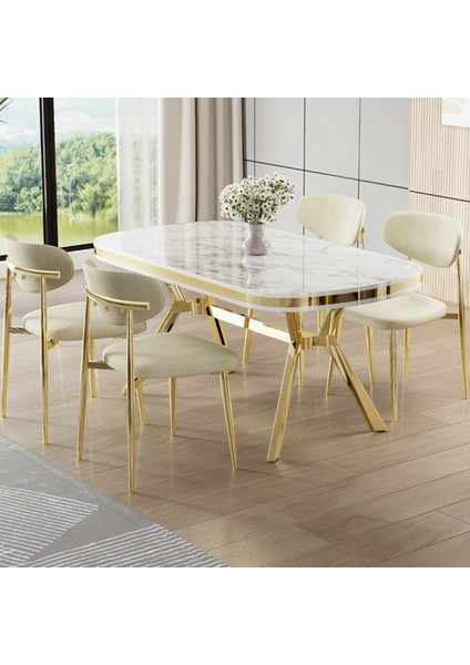 Olya Serisi 90X168 Lak Panel Beyaz Mermer Desen Masa Takımı Gold Ayaklı 4 Krem Sandalye