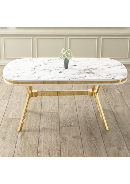 Olya Serisi 90X168 Lak Panel Beyaz Mermer Desen Masa Takımı Gold Ayaklı 4 Krem Sandalye fiyatları