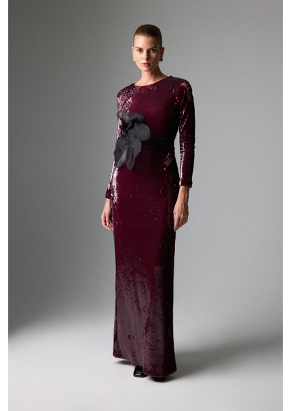 Beli Kuşaklı Maksi Boy Payet Elbise Vişne K2611307_115