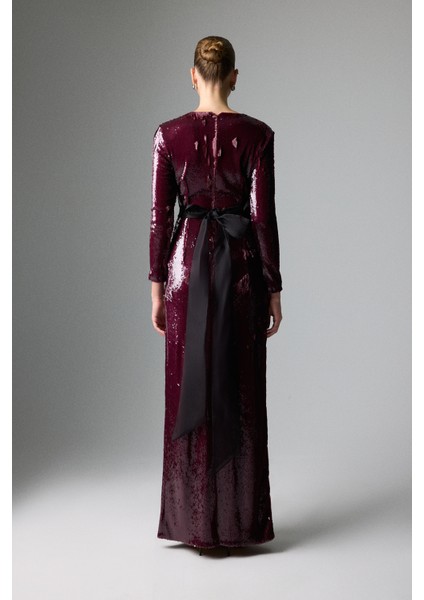 Beli Kuşaklı Maksi Boy Payet Elbise Vişne K2611307_115 fiyatları