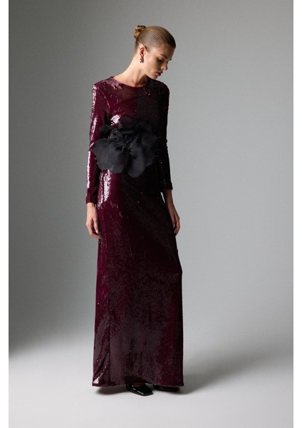 Beli Kuşaklı Maksi Boy Payet Elbise Vişne K2611307_115 modelleri