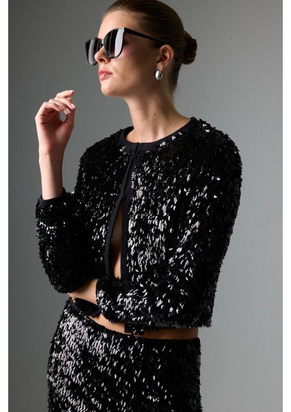 Bisiklet Yaka Payet Ceket Siyah K2616030_001 modelleri