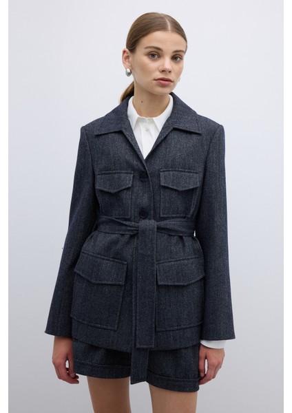 Yün Karışımlı Beli Kemerli Ceket Lacivert K2616023_015