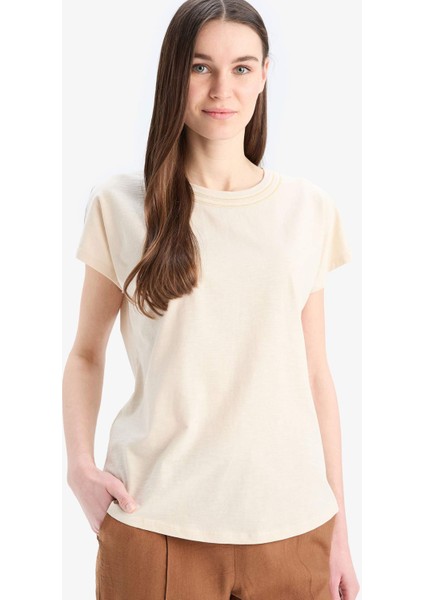 Bisiklet Yaka Basic Düz Flamlı Pamuk Kısa Kollu Tişört E1159AX25SM