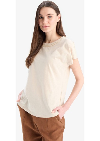 Bisiklet Yaka Basic Düz Flamlı Pamuk Kısa Kollu Tişört E1159AX25SM