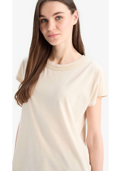 Bisiklet Yaka Basic Düz Flamlı Pamuk Kısa Kollu Tişört E1159AX25SM