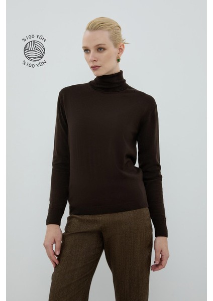 %100 Yün Balıkçı Yaka Triko Kahve K2671034_005