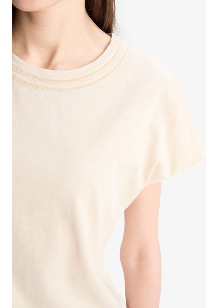 Bisiklet Yaka Basic Düz Flamlı Pamuk Kısa Kollu Tişört E1159AX25SM