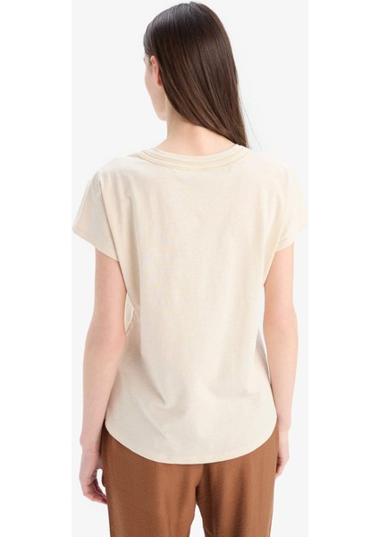 Bisiklet Yaka Basic Düz Flamlı Pamuk Kısa Kollu Tişört E1159AX25SM
