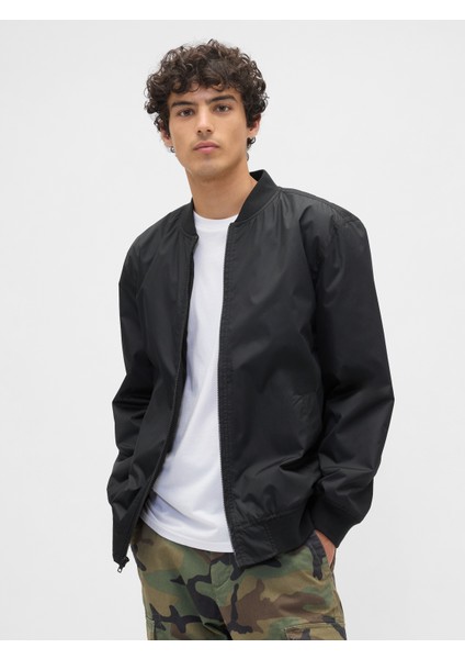 Erkek Siyah 100% Geri Dönüştürülmüş Relaxed Ripstop Bomber Ceket