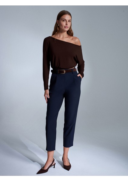 72193 Süet Kemerli Pensli Kumaş Pantolon-Lacivert