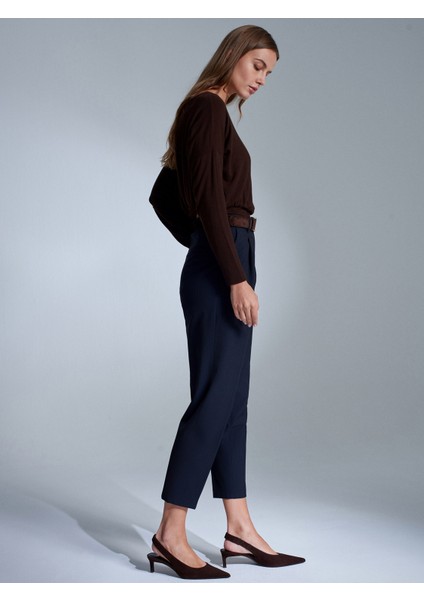 72193 Süet Kemerli Pensli Kumaş Pantolon-Lacivert modelleri