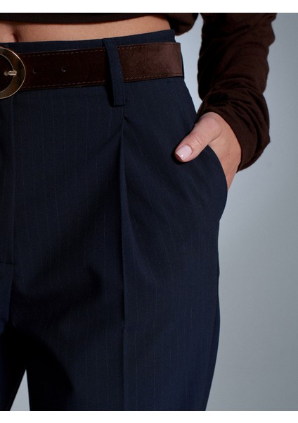 72193 Süet Kemerli Pensli Kumaş Pantolon-Lacivert fırsatları