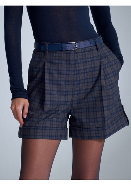 71666 Kemerli Pensli Mini Şort-Lacivert