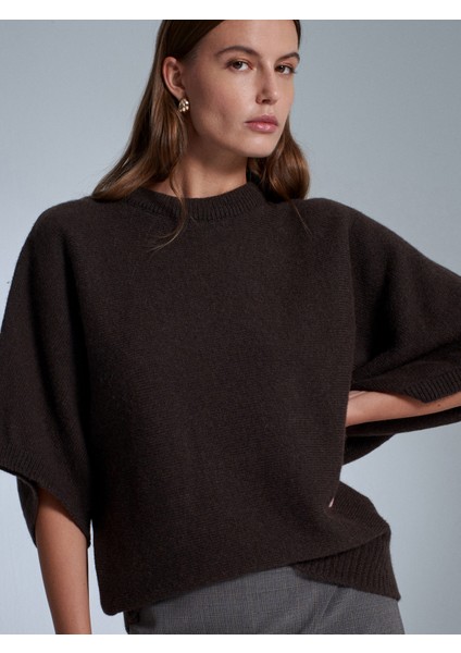 10843 Yün Karışımlı Yarasa Kollu Triko Kazak-Kahve fiyatları