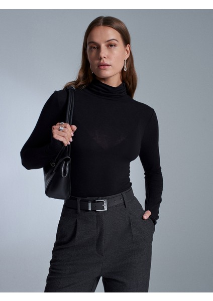 32253 Yün Karışımlı Balıkçı Yaka Top-Siyah