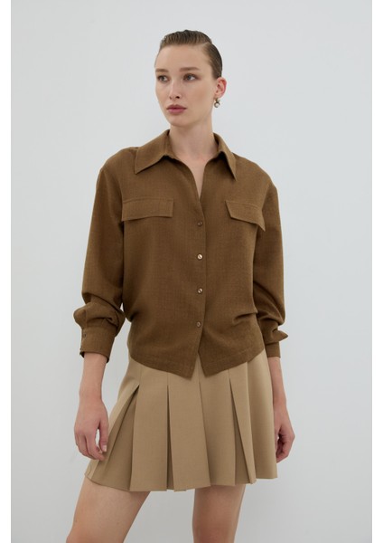 %100 Yün Süs Cep Kapaklı Gömlek Kahve K2613531_005