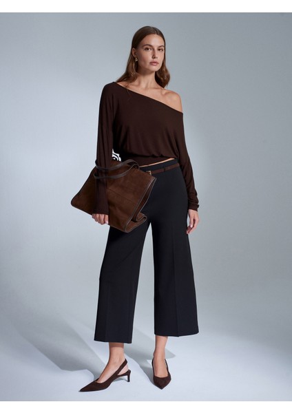 71276 Yanı Fermuarlı Kemerli Kumaş Pantolon-Siyah