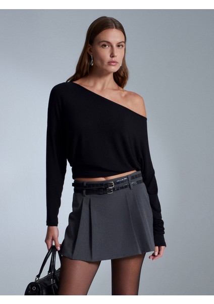 32306 Yün Karışımlı Tek Omuz Top-Siyah